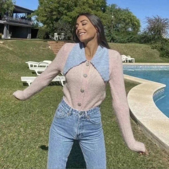 Zara Wool Alpaca Blend Contrast Collar Sweater Front Jewel/Rhinestone Button Med - Picture 10 of 13